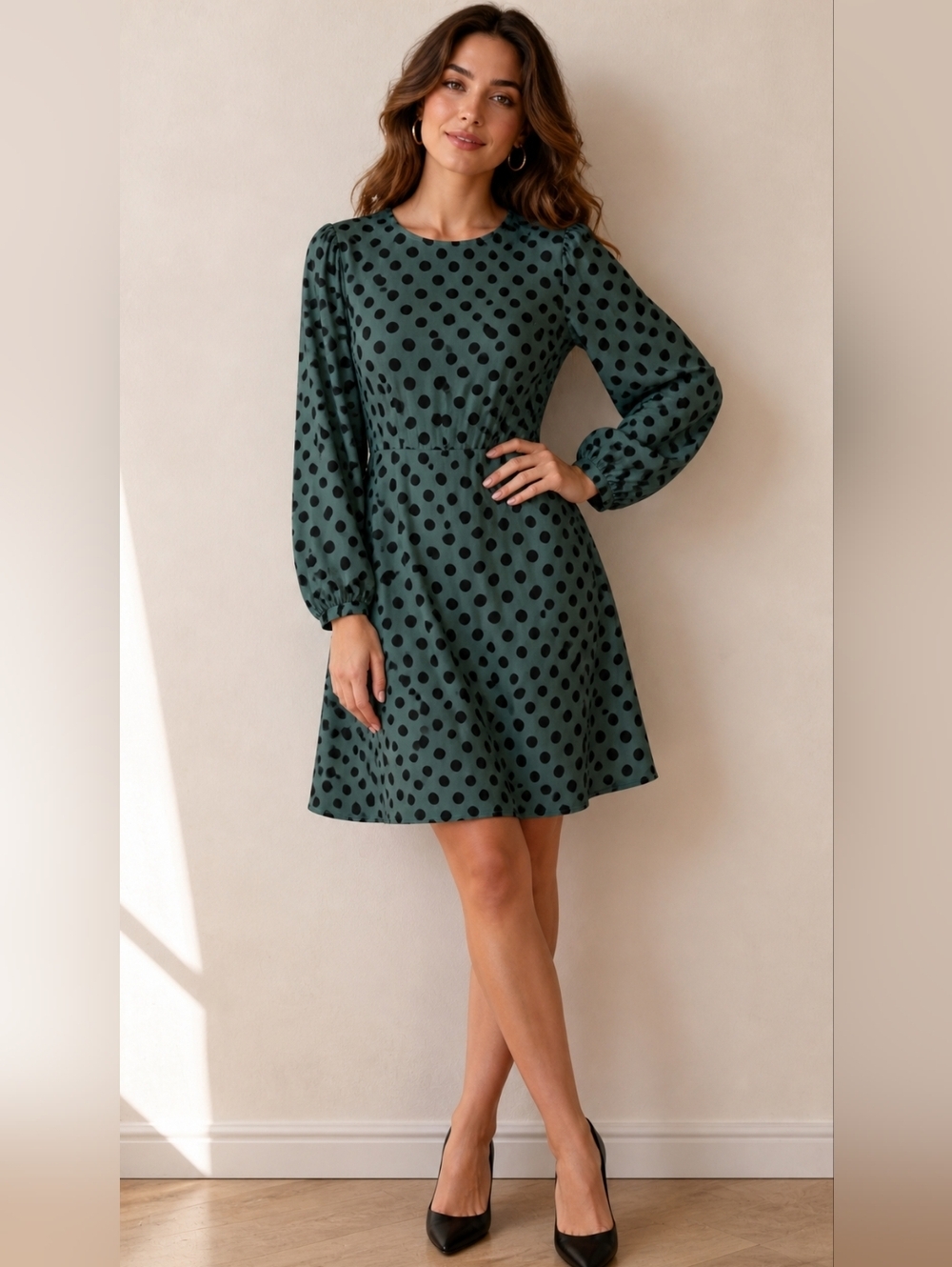 WHO WHAT WEAR Green Black Polka Dot Long Sleeve Dress Extra Small